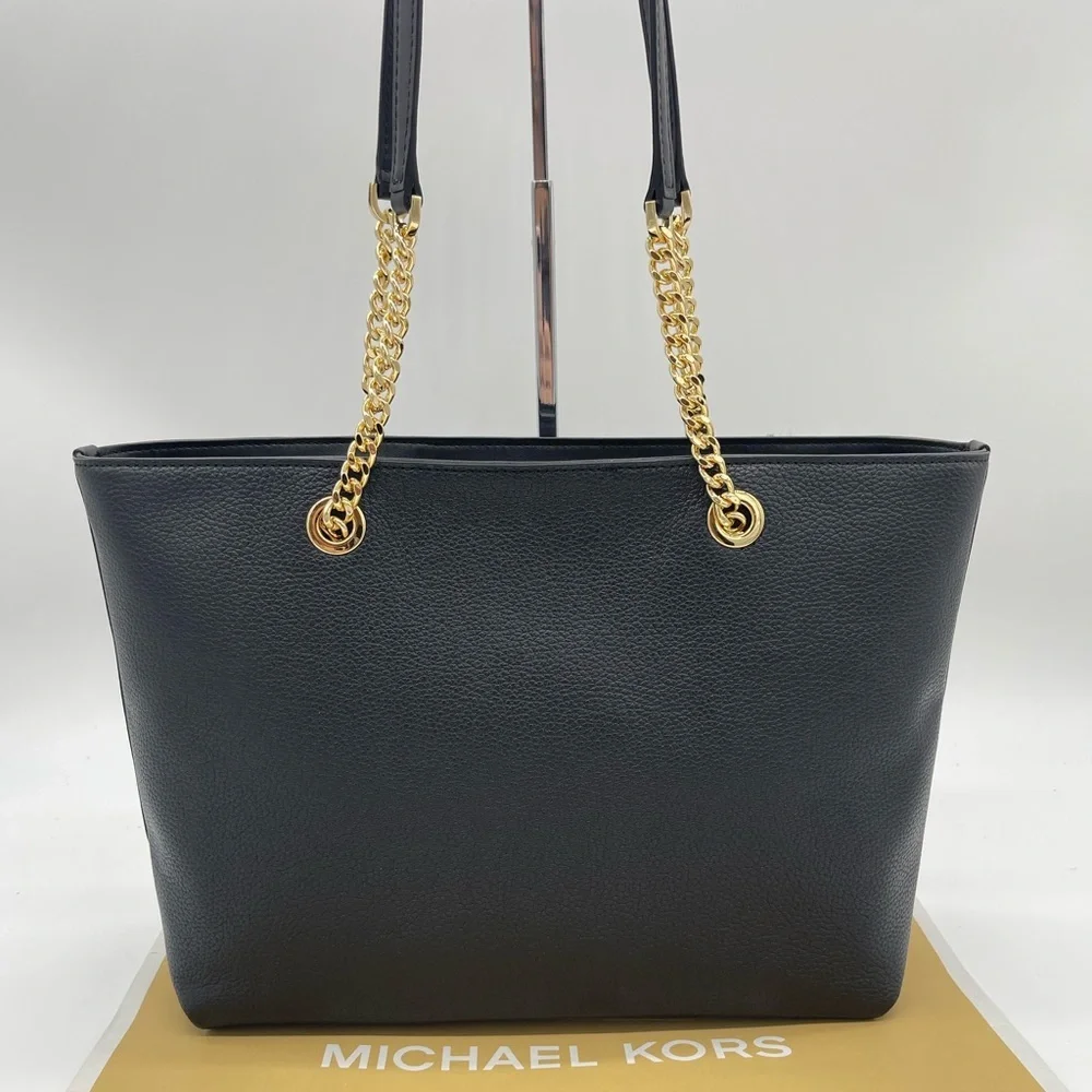 Michael Kors Jet Set Medium Front Zip Pocket Chain Top Zip Tote Bag Black